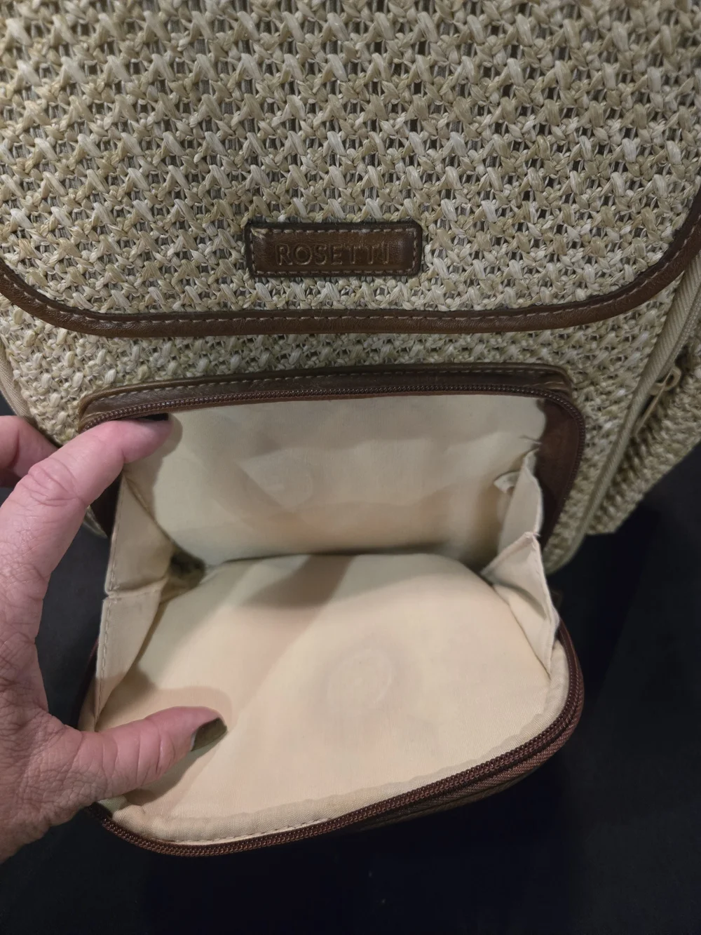 Rosetti Beige Woven Backpack with Brown Trim
